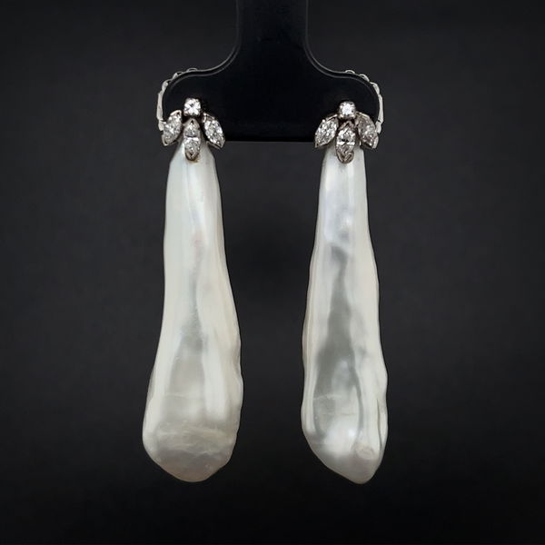 Closeup photo of 14K WG Long Natural Baroque Freshwater Pearl & .42tcw Diamond Drop Earrings 8.9g, 1.75"