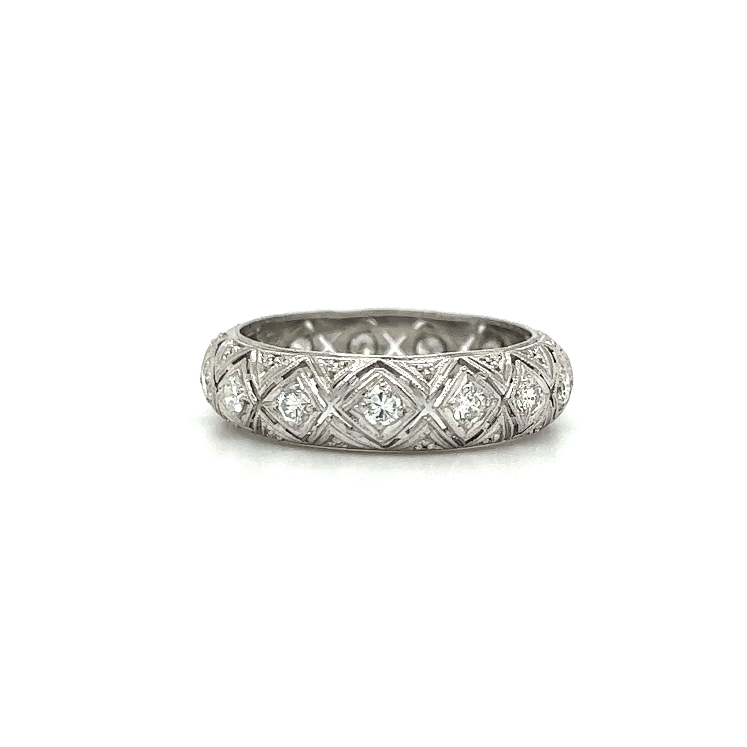 Platinum Art Deco Engraved .90tcw 15 Diamond Eternity 6.1mm Dome Band 4.1g, s9 Platinum Art Deco Engraved .90tcw 15 Diamond Eternity 6.1mm Dome Band 4.1g, s9