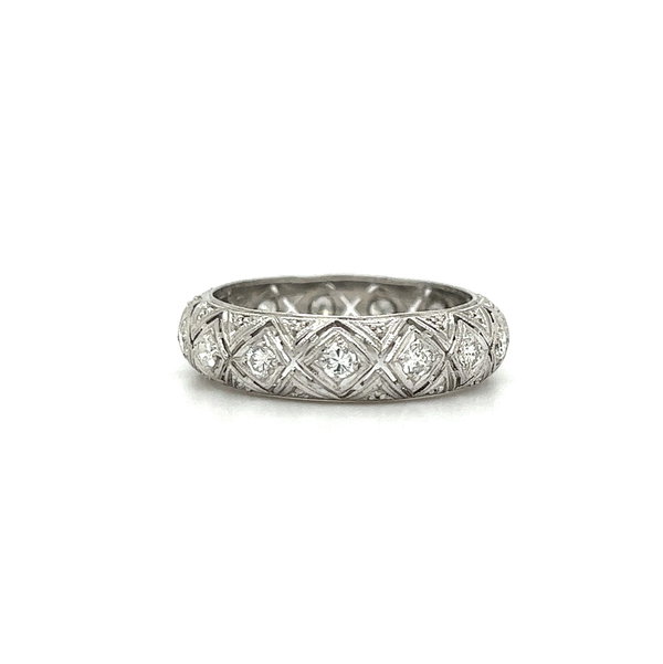Closeup photo of Platinum Art Deco Engraved .90tcw 15 Diamond Eternity 6.1mm Dome Band 4.1g, s9