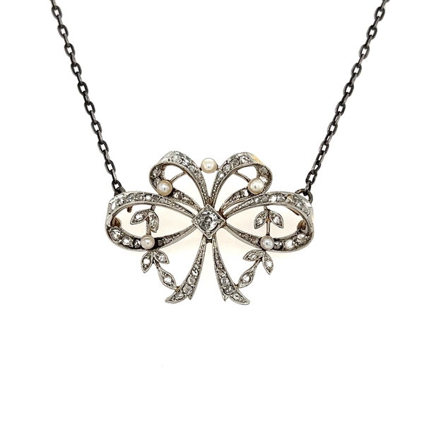Closeup photo of Platinum on Gold Edwardian Seed Pearl & .65tcw Diamond Pendant Necklace on 925 Chain 9.5g, 17"