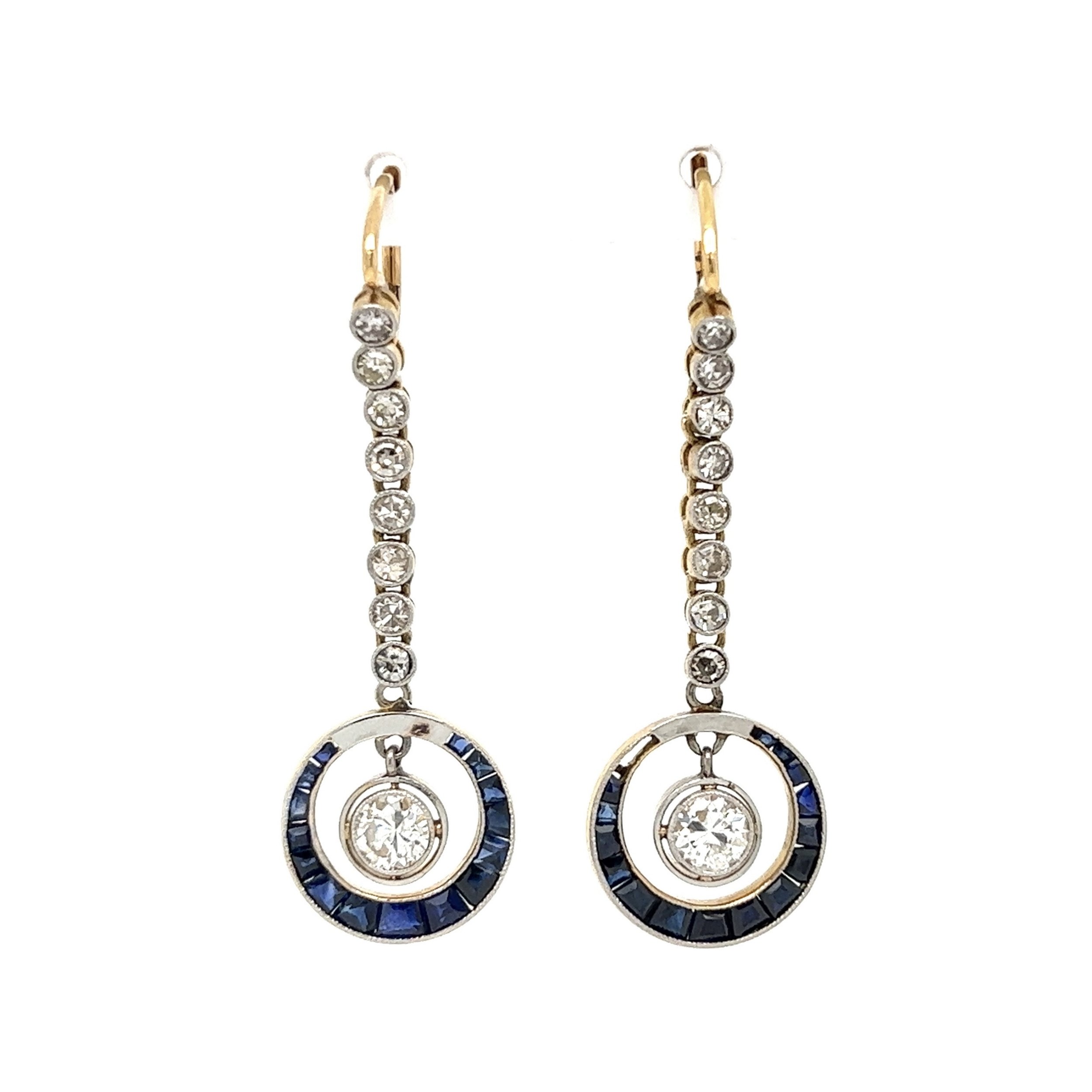 18K YG Art Deco 1.30tcw Diamond & 1.00tcw Sapphire Open Circle Drop Earrings 4.8g,