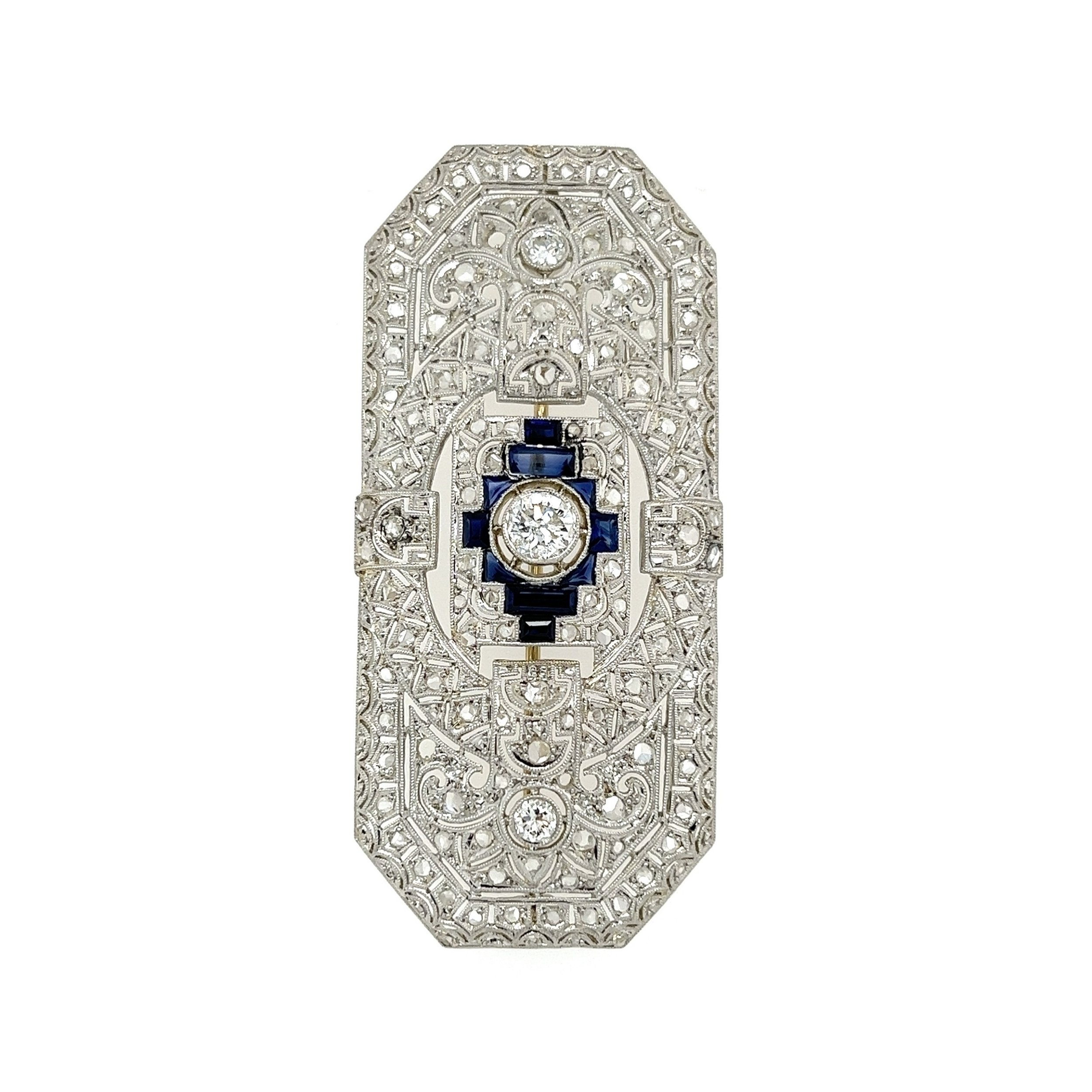 Platinum Art Deco 2.05tcw Diamond & .75tcw Syn. Sapphire Brooch 10.7g, 2.25"