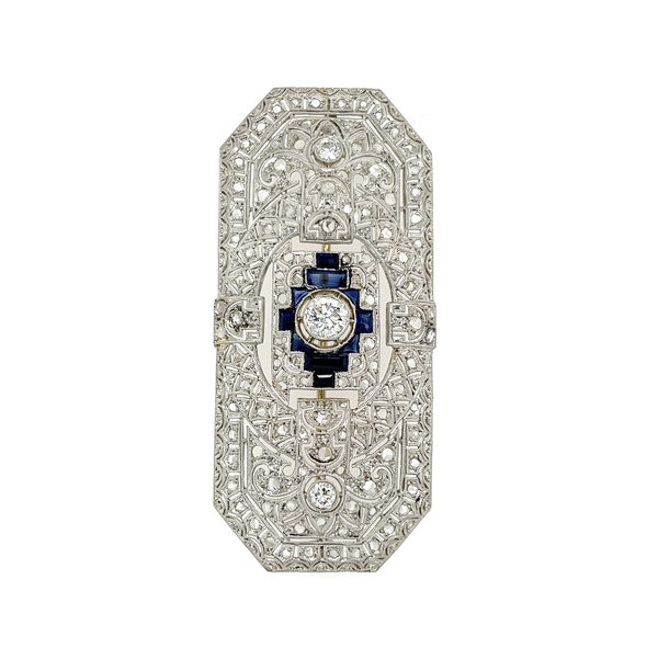 Closeup photo of Platinum Art Deco 2.05tcw Diamond & .75tcw Syn. Sapphire Brooch 10.7g, 2.25"