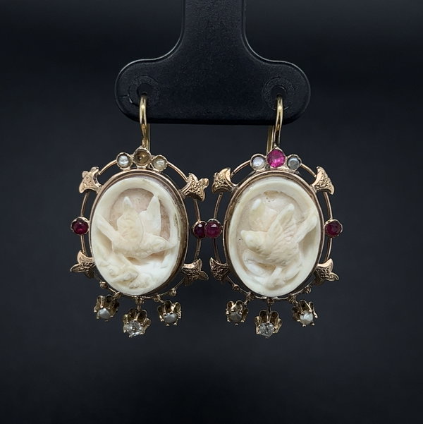 Closeup photo of 14K YG Victorian Carved Shell Dove, .10tcw Diamond, Seed Pearl & Syn Ruby Earrings 5.5g