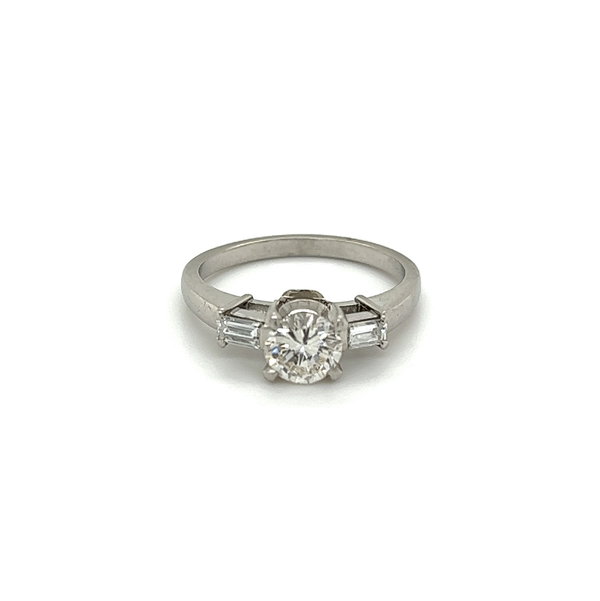 Closeup photo of Platinum Mid Century .74ct Round Brilliant Diamond & .24tcw Baguette Diamond Ring 4.6g, s5
