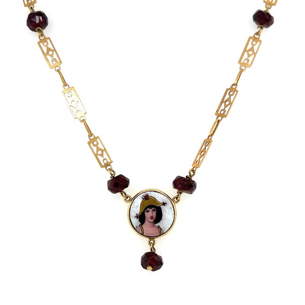 Closeup photo of 18K YG Victorian 18tcw Garnet Bead & Portrait Necklace 14.1g, 20"