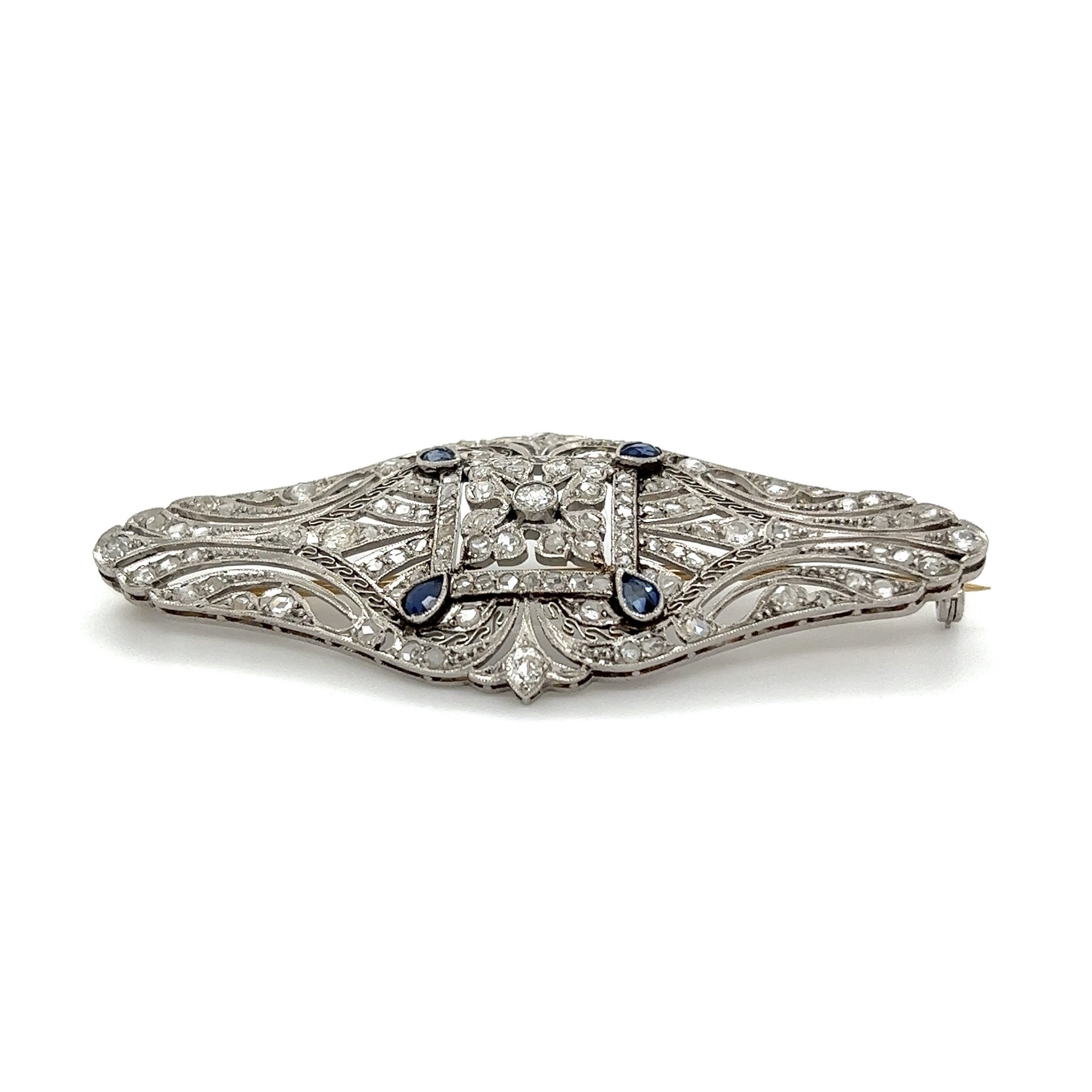 Platinum & 18K Art Deco Filigree 1.75tcw Diamond &.30tcw Sapphire Brooch 9.4g, 2.3"