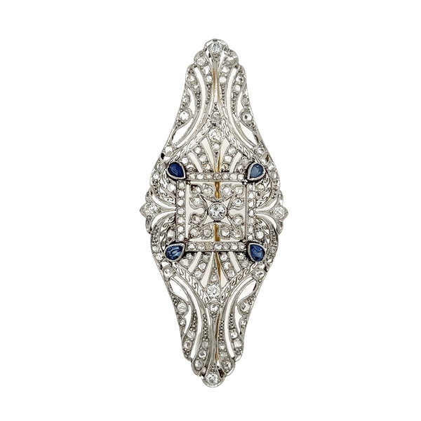 Closeup photo of Platinum & 18K Art Deco Filigree 1.75tcw Diamond &.30tcw Sapphire Brooch 9.4g, 2.3"