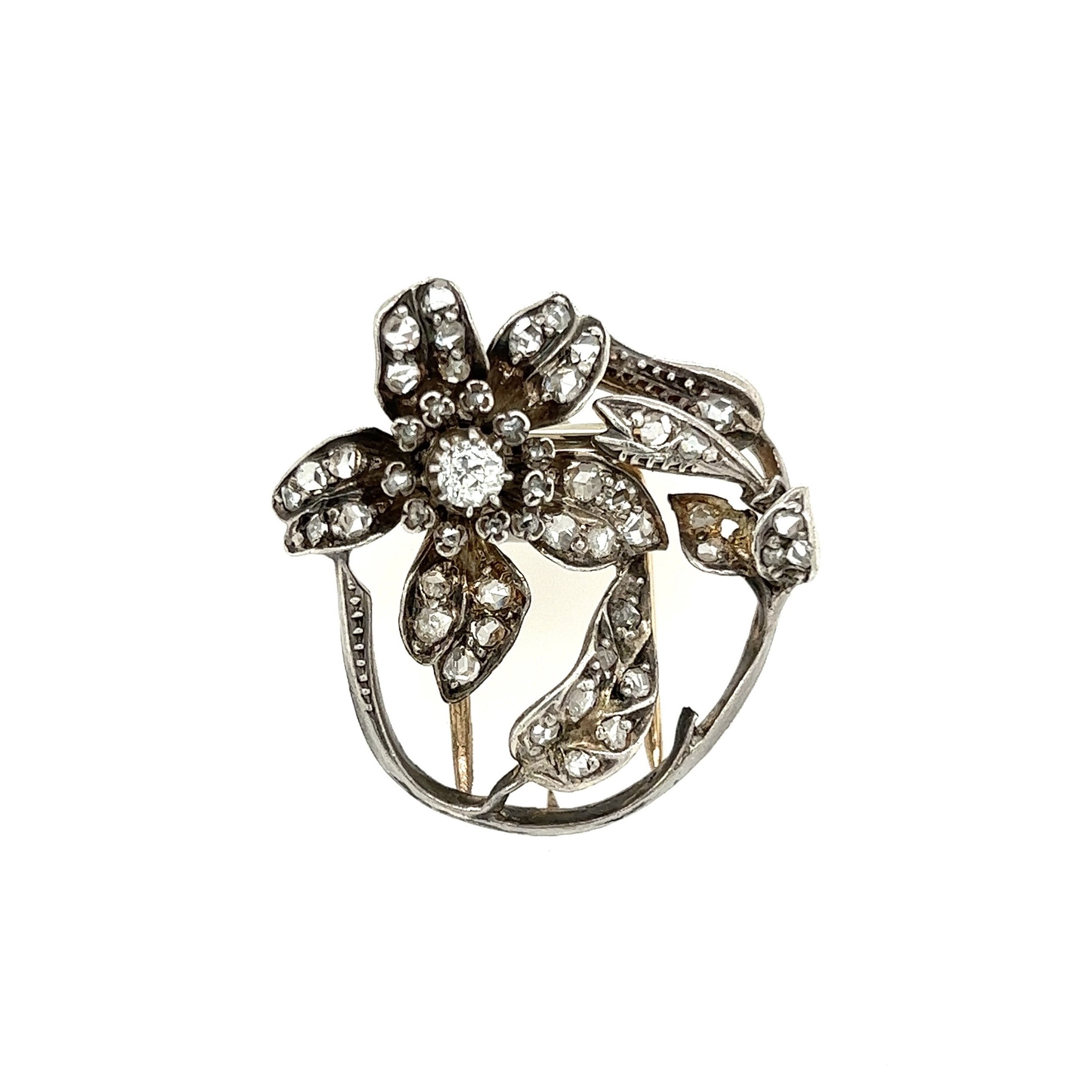 Silver on 18K Victorian .85tcw Diamond Flower Brooch 10.3g,