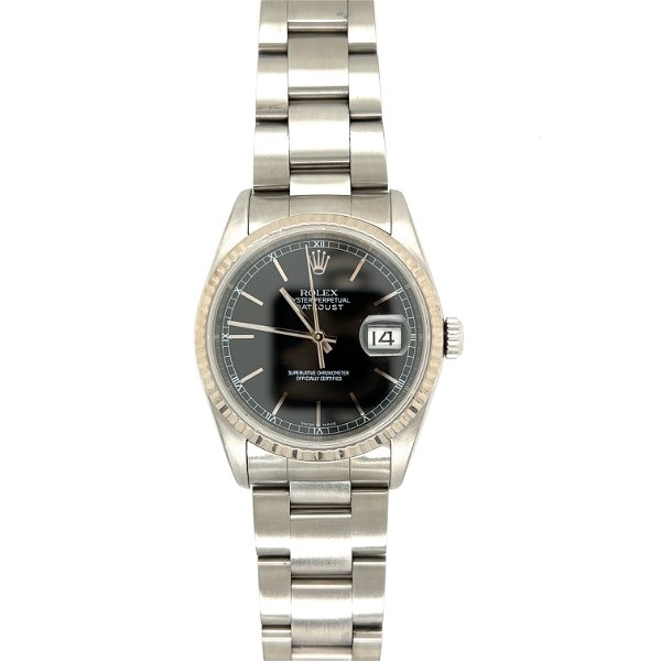Closeup photo of Rolex Datejust 36mm 16234 Stainless Steel Black Stick Dial Complete B&P c2005