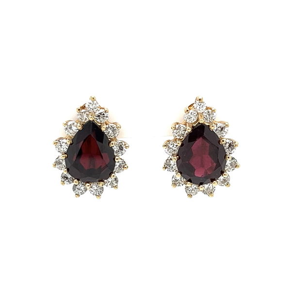 Closeup photo of 14K YG 4tcw Pear Red Garnet & .80tcw Diamond Earring French Clip & Post 6.7g