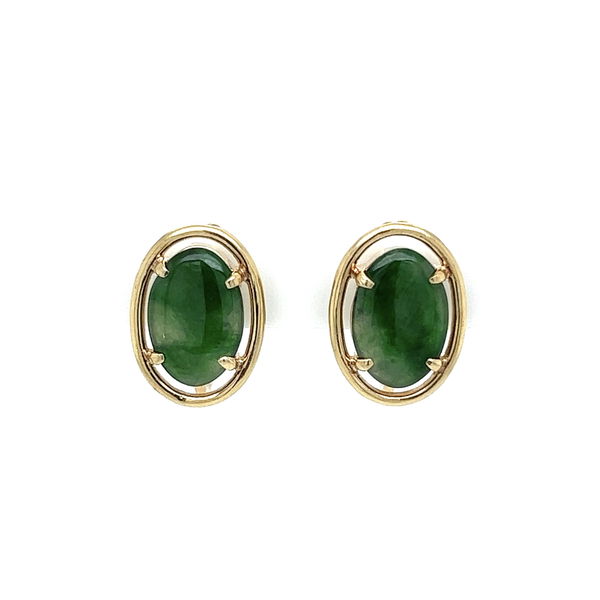 Closeup photo of 14K YG Oval Jade Screw Back Earrings 5.1g