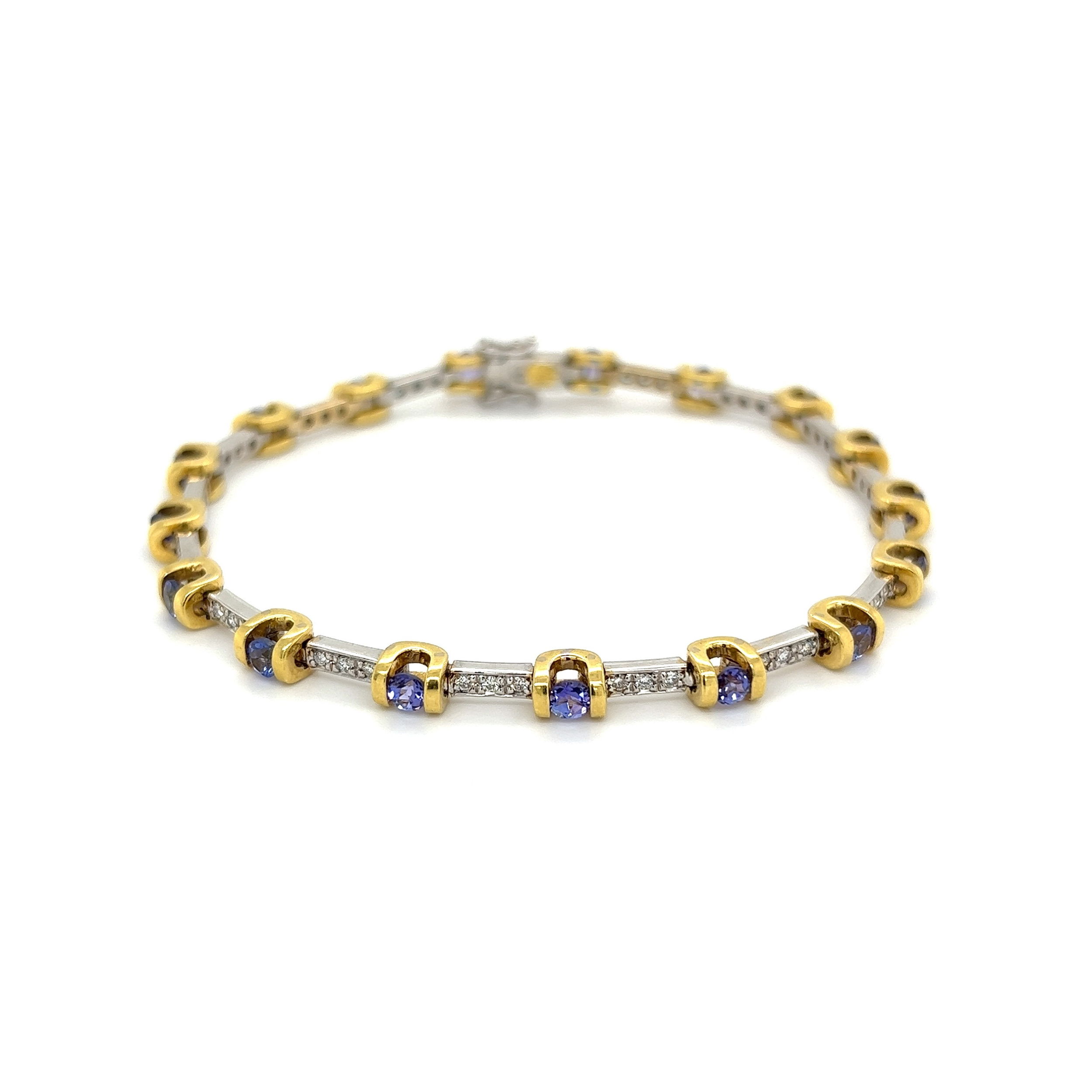 18K 2tone GREG RUTH 2.00tcw Round Tanzanite & 1.00tcw Diamond Link Bracelet 16.5g, 7.3"