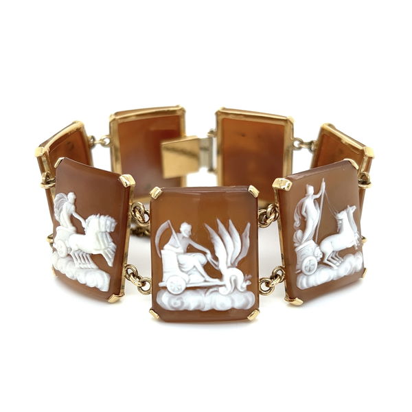 Closeup photo of 14K YG Victorian Revival Carved Cameo ROMAN Weekly Calendar Bracelet 40.6g, 7"
