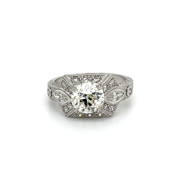 Closeup photo of Platinum Art Deco 1.50ct OEC Diamond & .20tcw Marquis & SC Diamond Engraved Ring 4.6g, s6.25