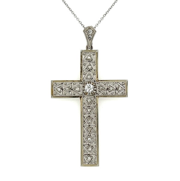Closeup photo of Platinum Art Deco .42tcw Diamond Migrain Cross on 18K WG Chain 8.2g, 18"