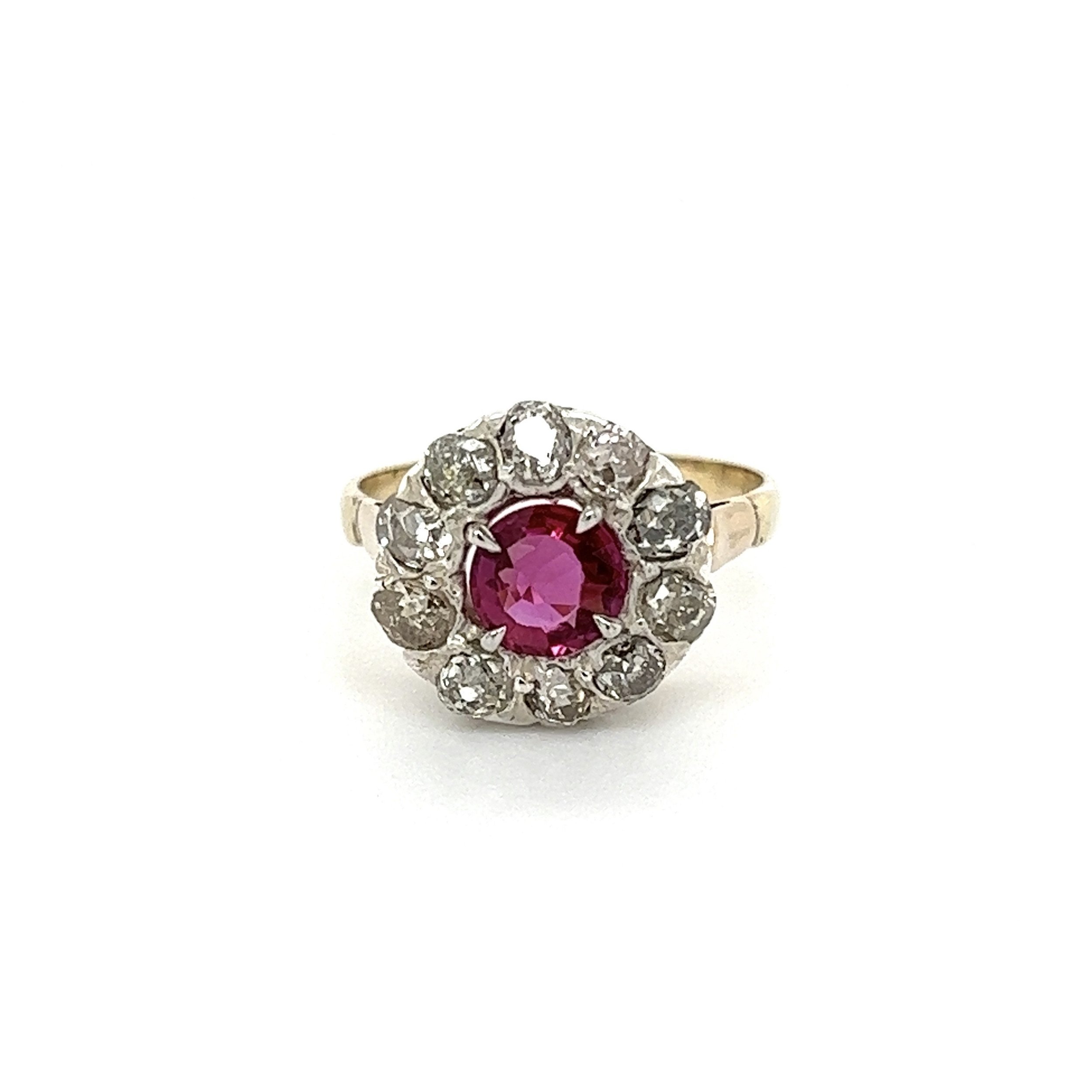 Silver on 14K Victorian .80ct Ruby & 1.00tcw Diamond Halo Ring 3.1g, s6.5