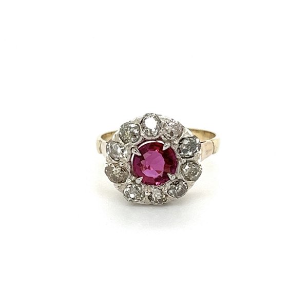 Closeup photo of Silver on 14K Victorian .80ct Ruby & 1.00tcw Diamond Halo Ring 3.1g, s6.5