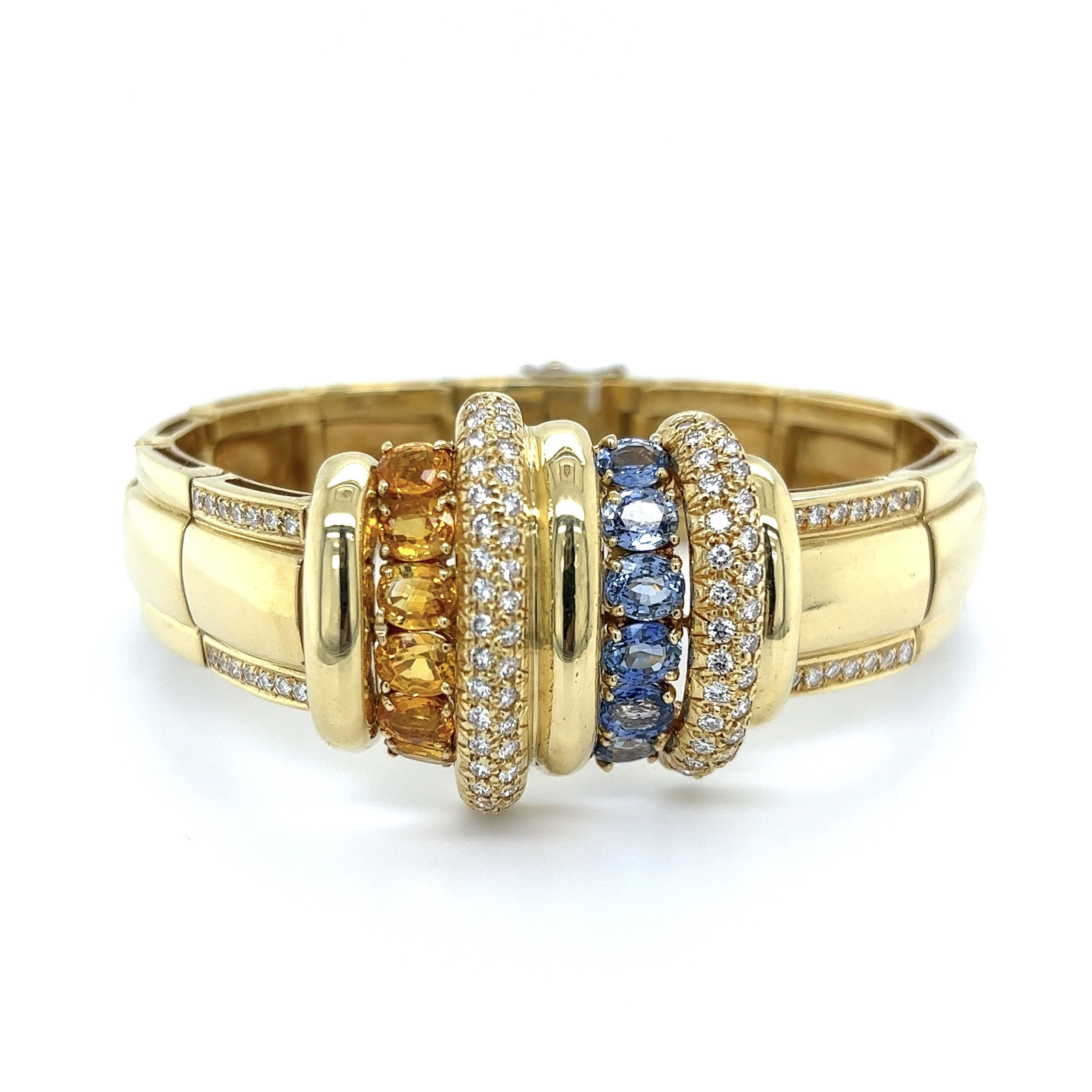 18K YG 8.50tcw Blue & Yellow Sapphire with 2.25tcw Diamond Bracelet 63.3g, 7"