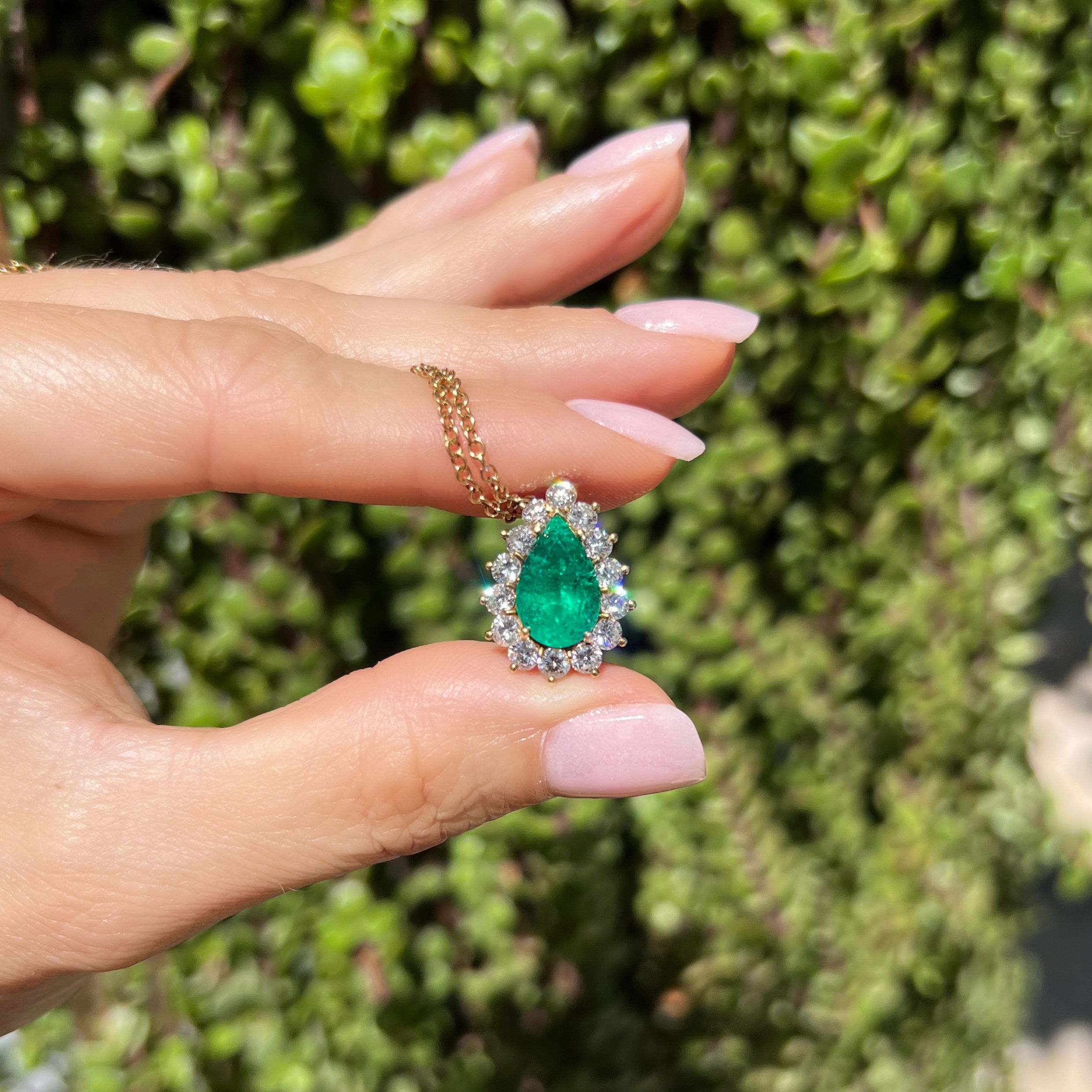 18K YG 4.00ct Pear Emerald GIA & 1.80tcw Diamond Halo Pendant Necklace 7.8g, 16"