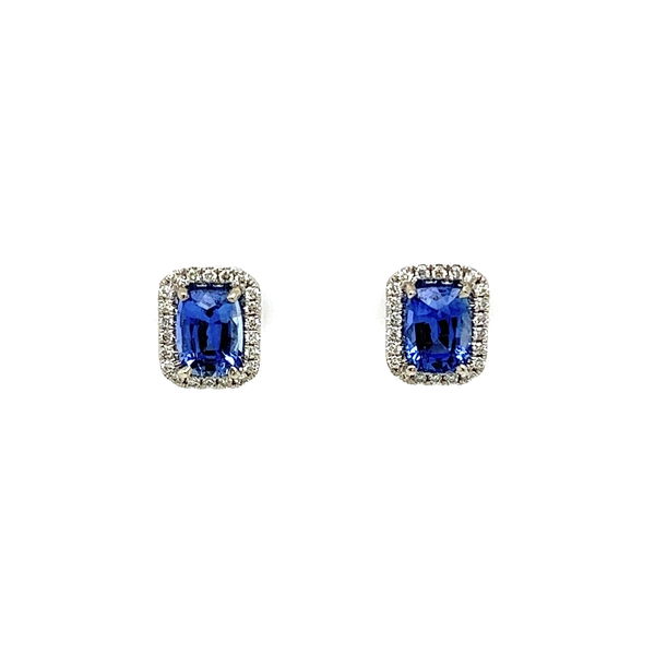 Closeup photo of 14K WG 2.33tcw Rectangular Cushion Sapphire & .21tcw Diamond Halo Earrings 2.8g