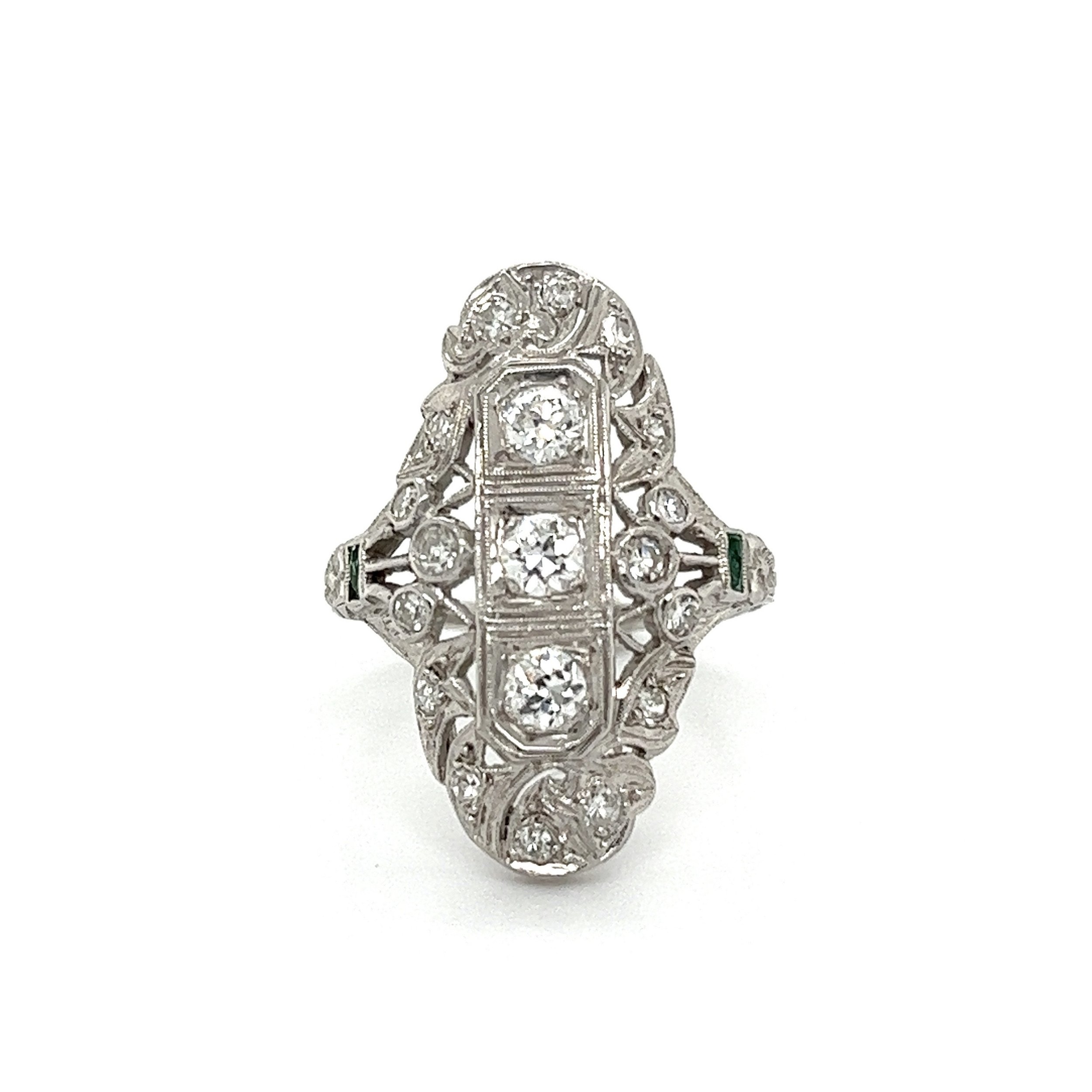 Platinum Art Deco .90tcw Diamond & .02tcw Emerald Navette Filigree Ring 6.1g, s9