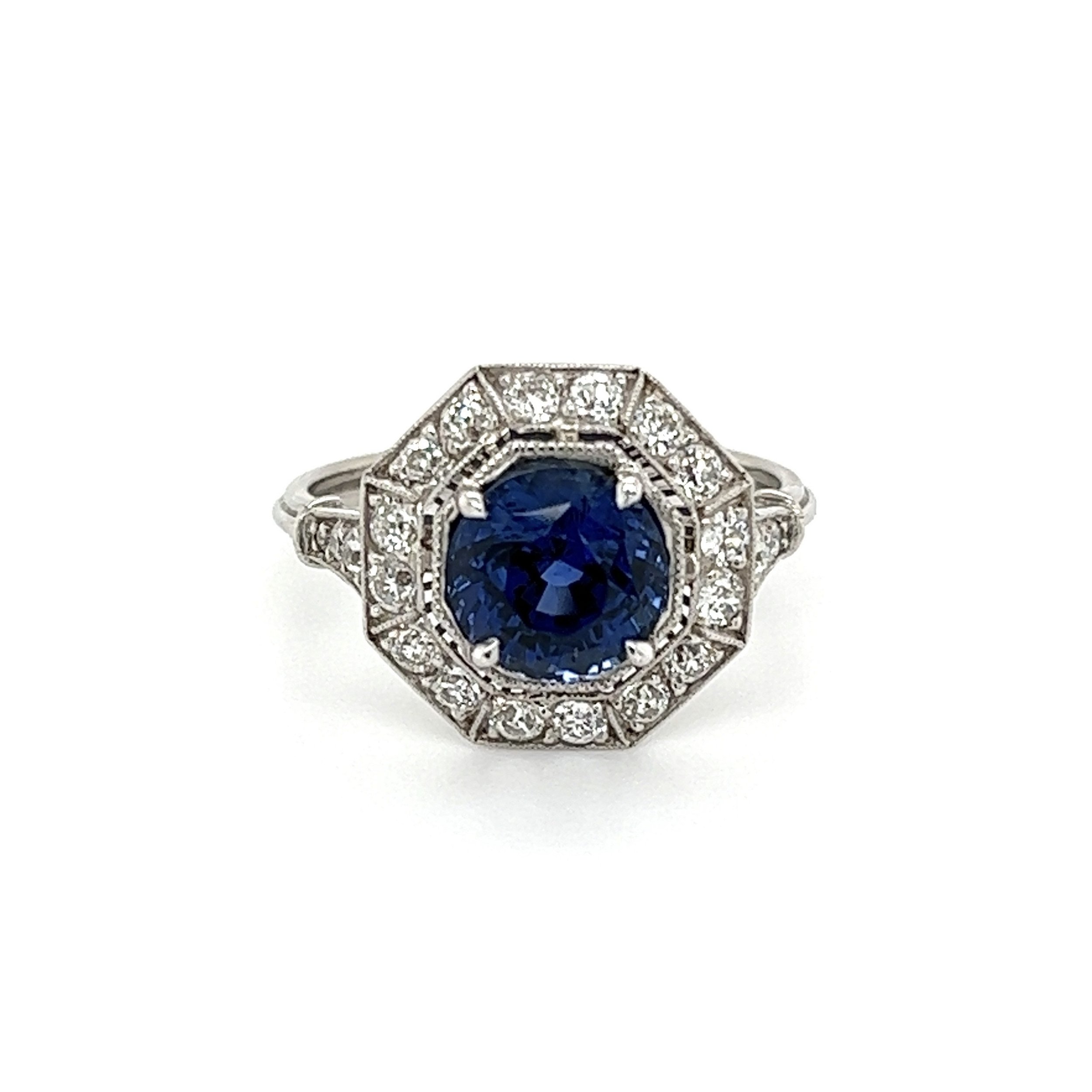 Platinum Art Deco 2.64ct Round Sapphire & 0.78tcw Diamond Ring 4.7g, s7