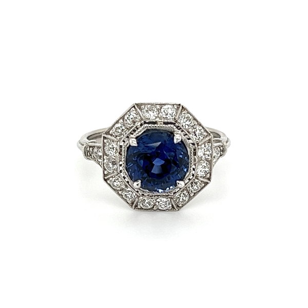 Closeup photo of Platinum Art Deco 2.64ct Round Sapphire & 0.78tcw Diamond Ring 4.7g, s7