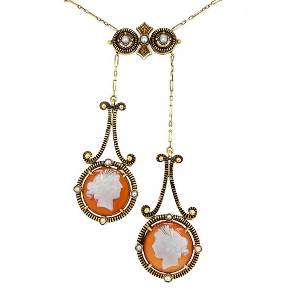 Closeup photo of 18K YG Victorian Carved Shell Cameo & Seed Pearl Lavalier Necklace 16.9g, 20"