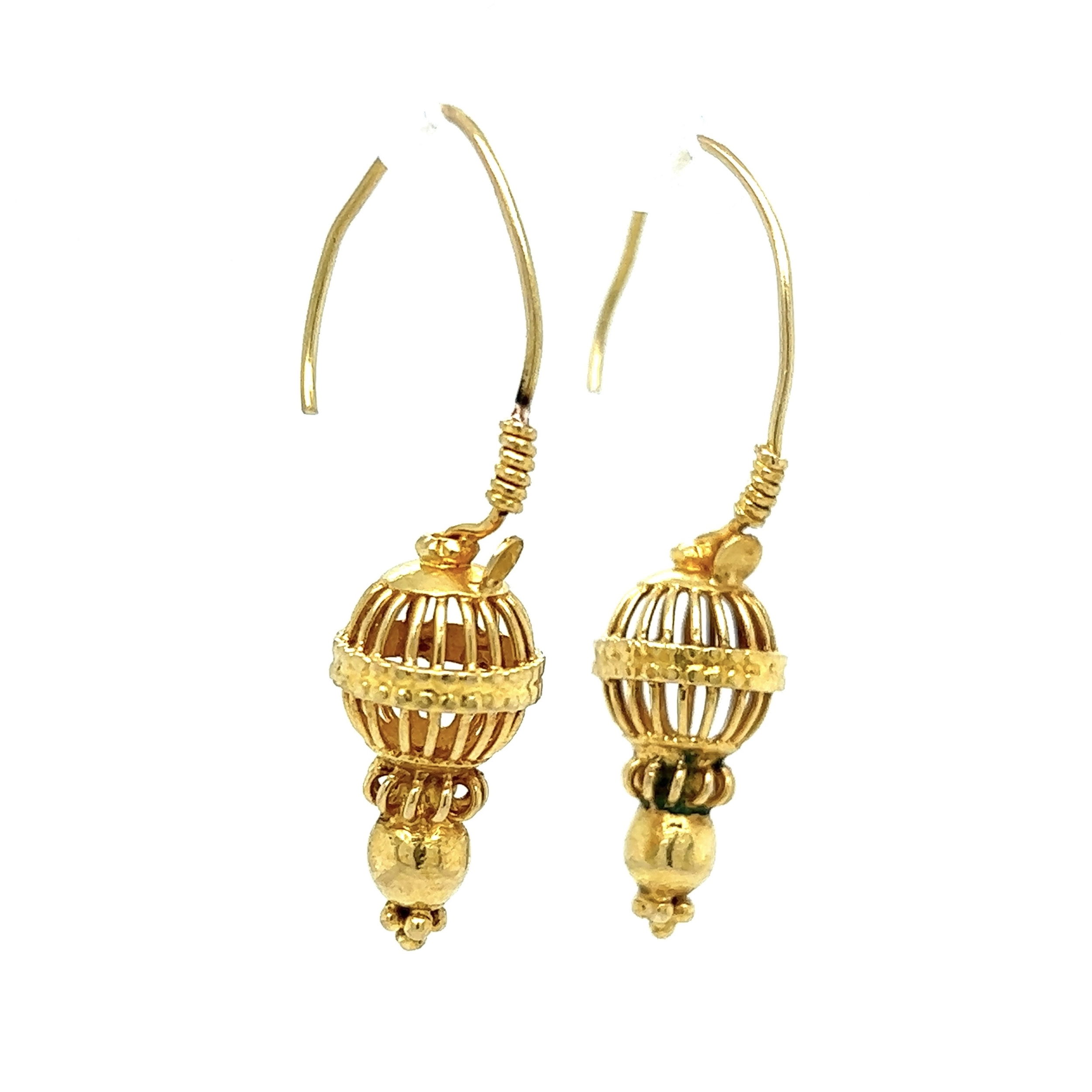 22K YG India Open Cage Drop Earrings on Wire 5.2g, 1.3"