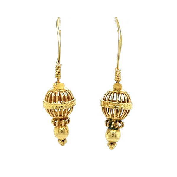 Closeup photo of 22K YG India Open Cage Drop Earrings on Wire 5.2g, 1.3"