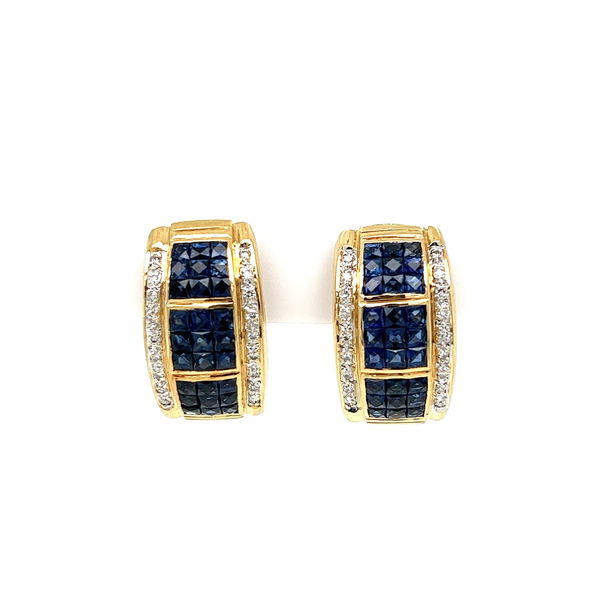 Closeup photo of 18K YG 2.50tcw Invisible Sapphire & .30tcw Diamond Half Cuff Earrings 14K Backs 8.8g