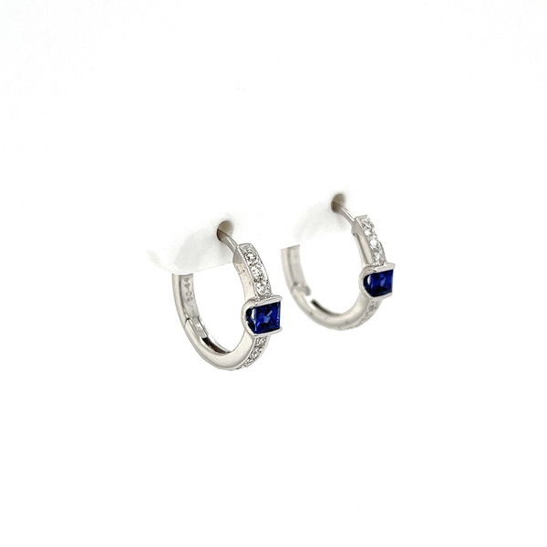 Closeup photo of 18K WG SPARK .44tcw Square Sapphire & .20tcw Diamond Hoop Earrings 3.9g, .65"