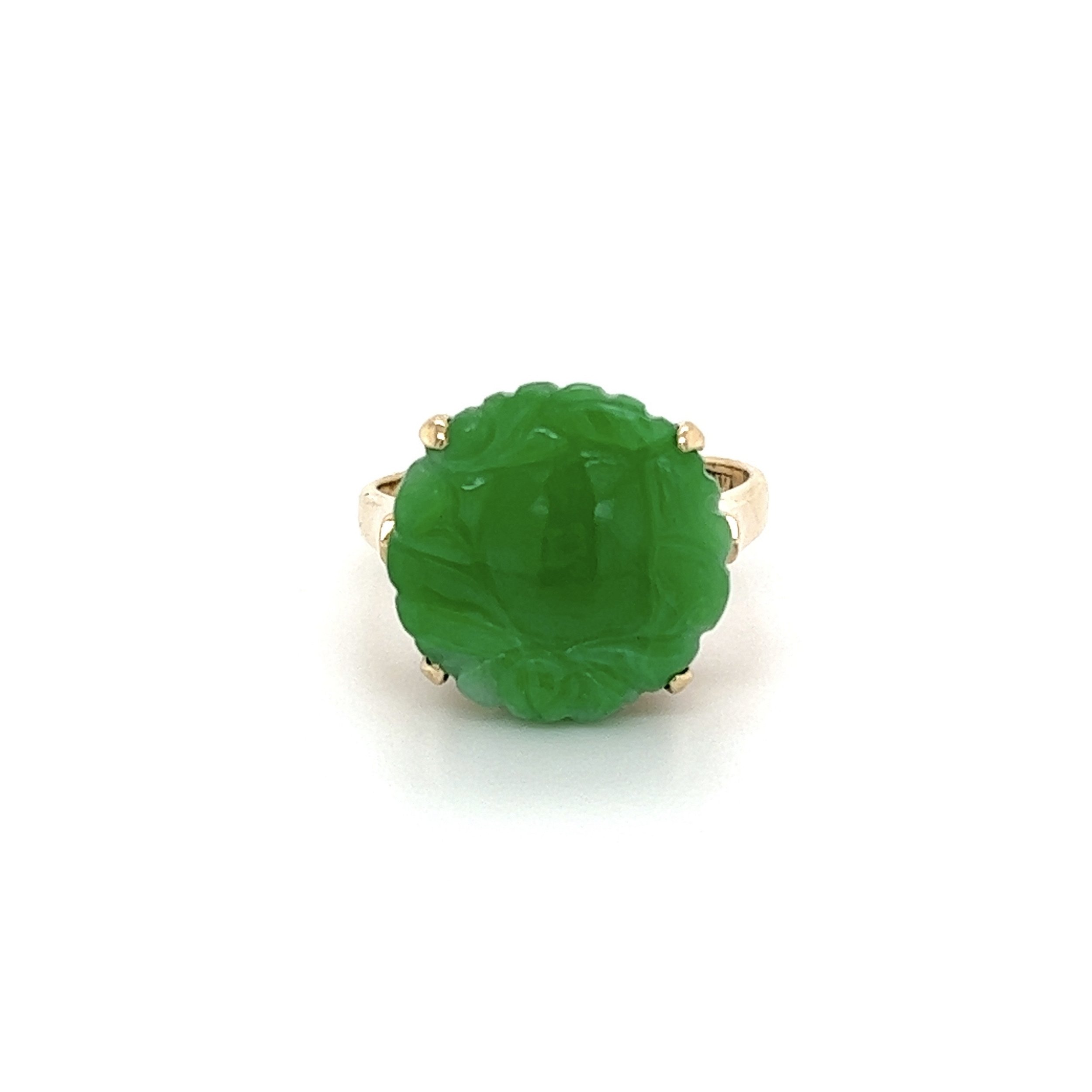 14K YG 4ct Round Carved Flower Jadeite Jade Filigree Ring 4.2g, s6