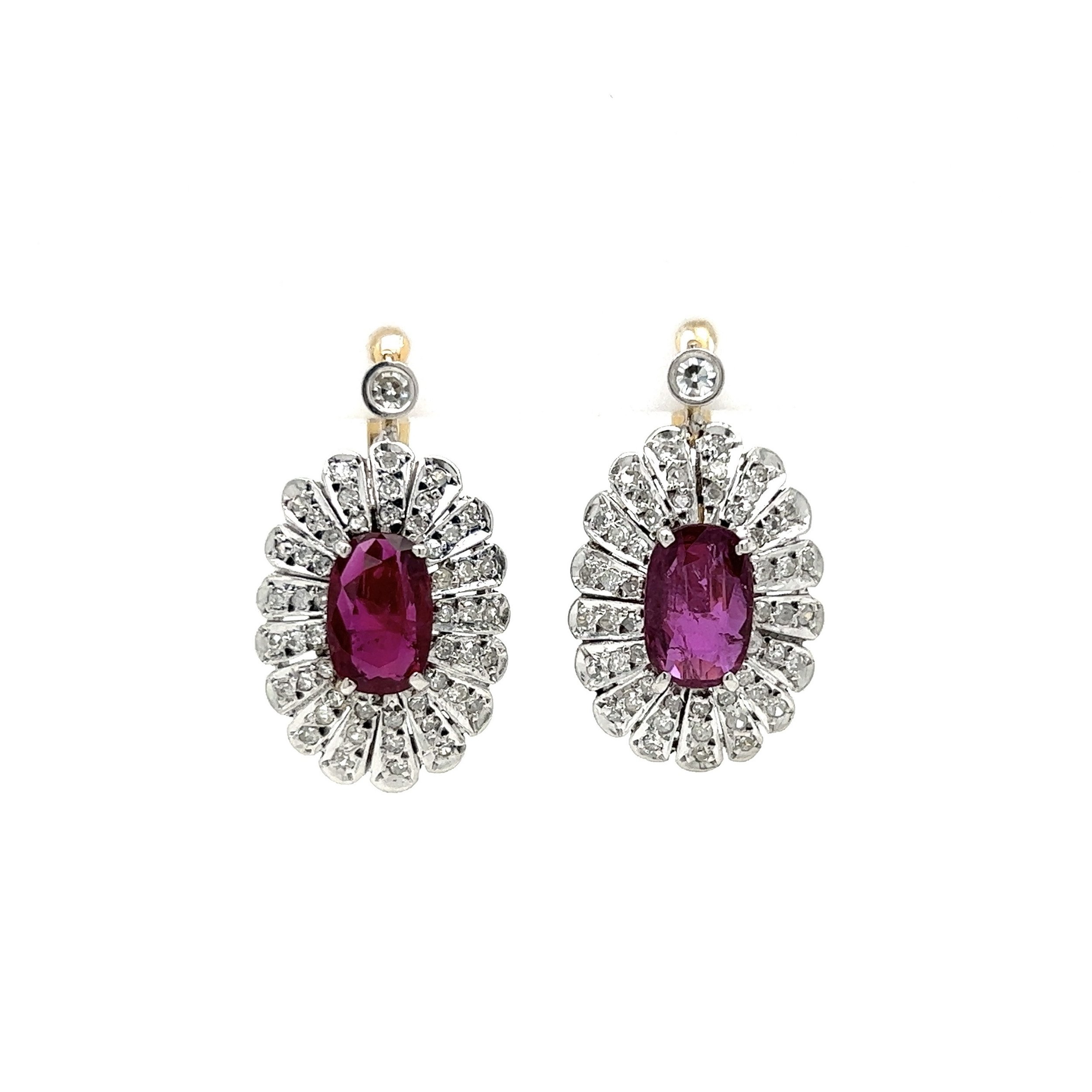 12K 2tone Vintage 2.91tcw Oval Ruby & 1.06tcw Diamond Earrings 7.6g, 1"