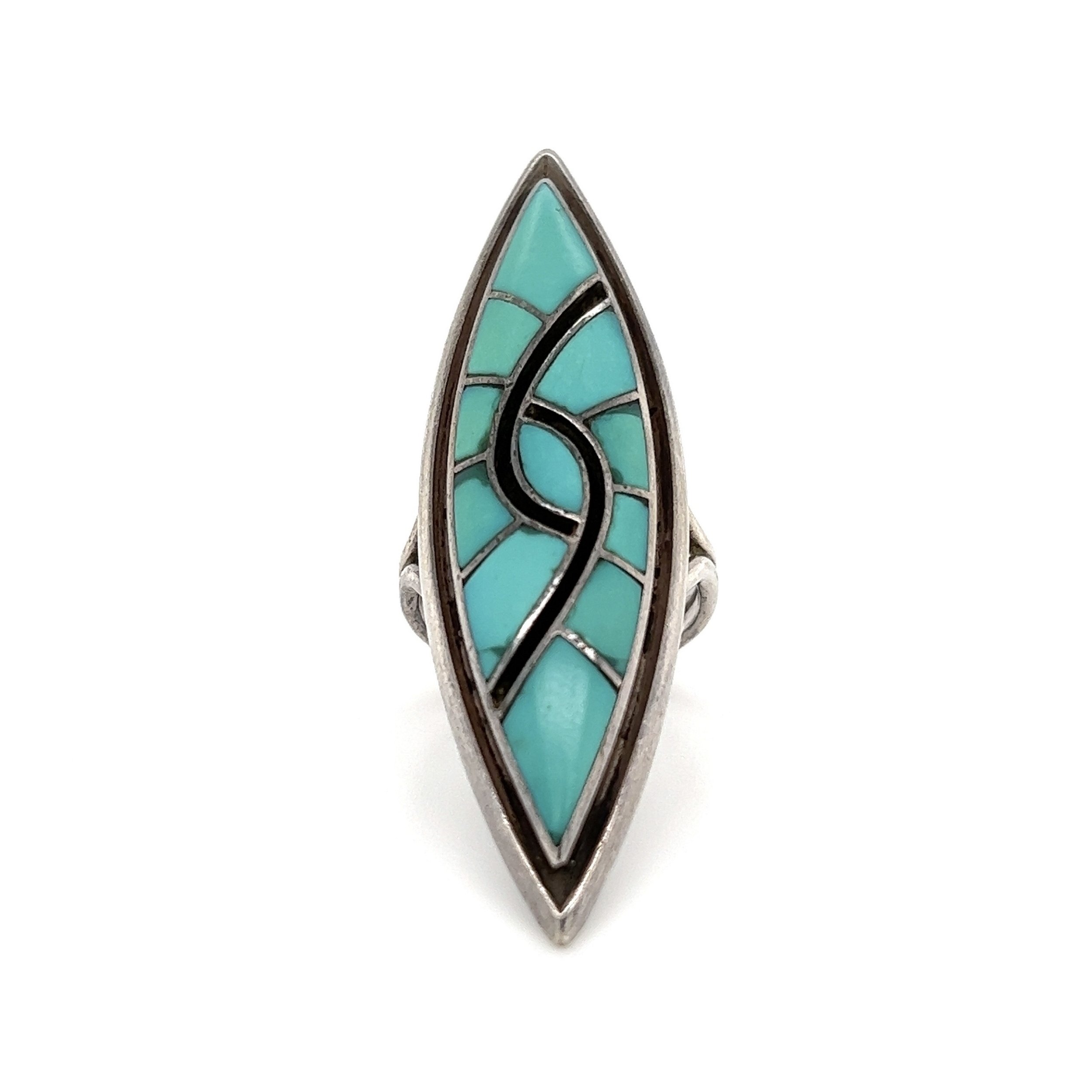 925 Sterling Native D&A Q Navette Turquoise Inlay Ring 13.6g, s7