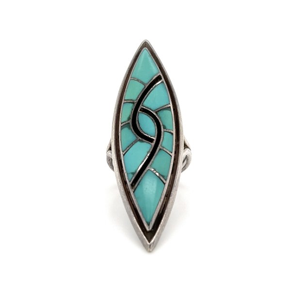 Closeup photo of 925 Sterling Native D&A Q Navette Turquoise Inlay Ring 13.6g, s7