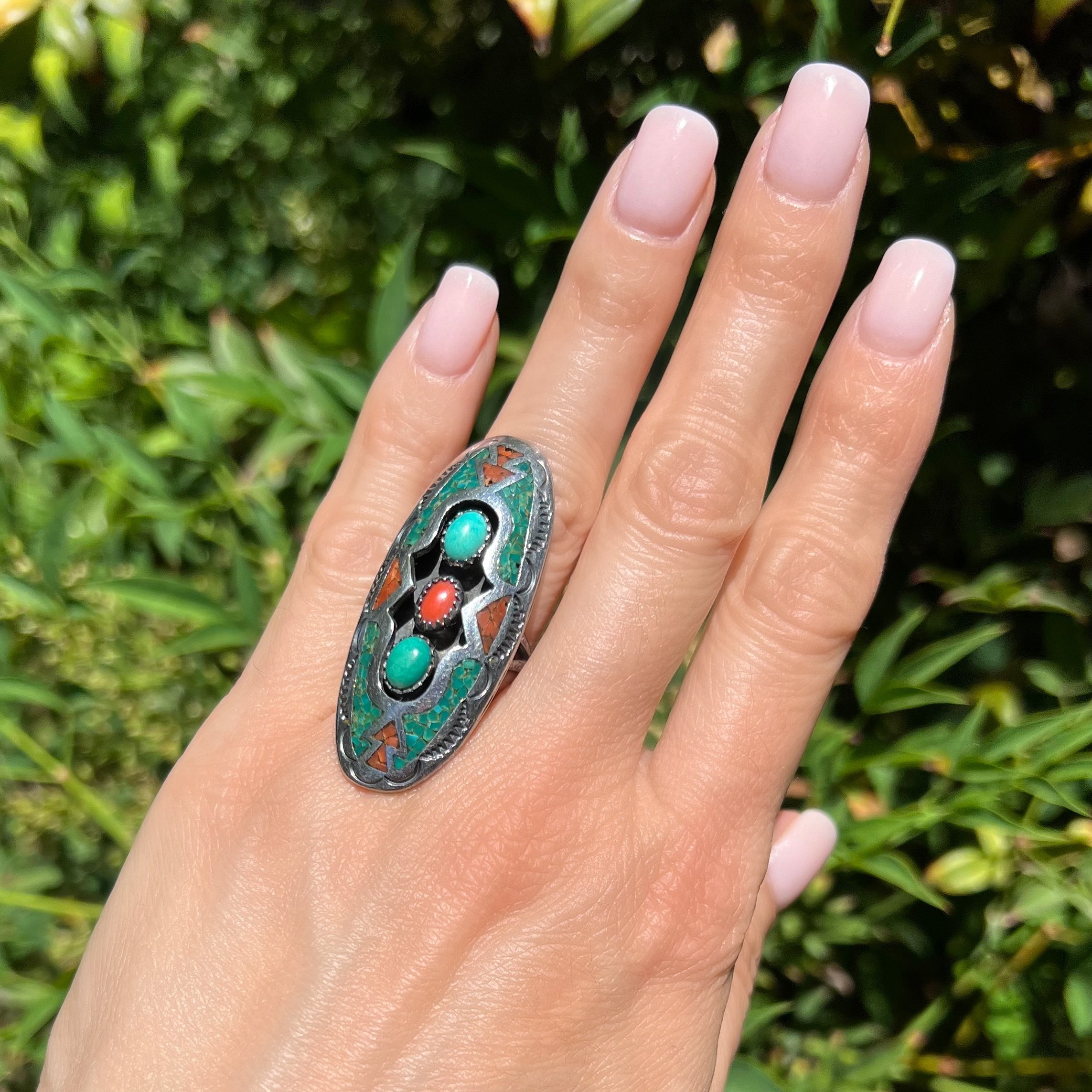 925 Sterling Native RICHARD BEGAY Turquoise & Coral Inlay Long Oval Ring 13.8g, s7