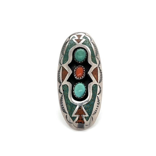 Closeup photo of 925 Sterling Native RICHARD BEGAY Turquoise & Coral Inlay Long Oval Ring 13.8g, s7