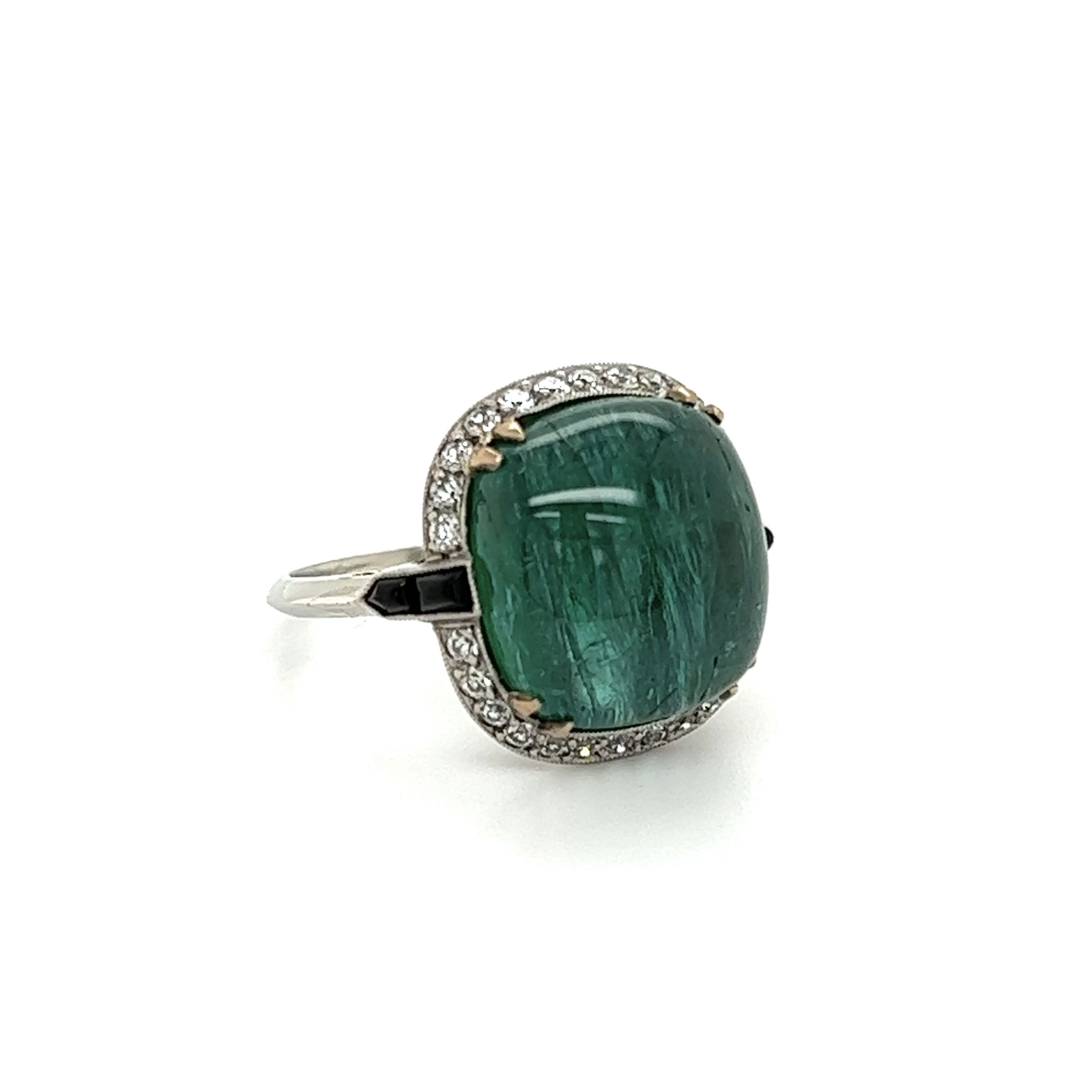 Platinum 11.63ct Sugarloaf Emerald, .47tcw Diamond & .08tcw Onyx Ring 7.6g, s7.5