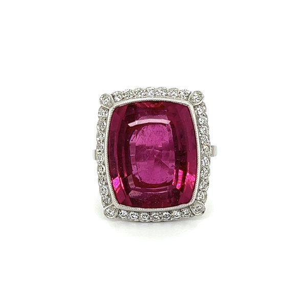 Closeup photo of Platinum 14.31ct Cushion Rubellite & .52tcw OEC Diamond Filigree Ring 9.4g, s7