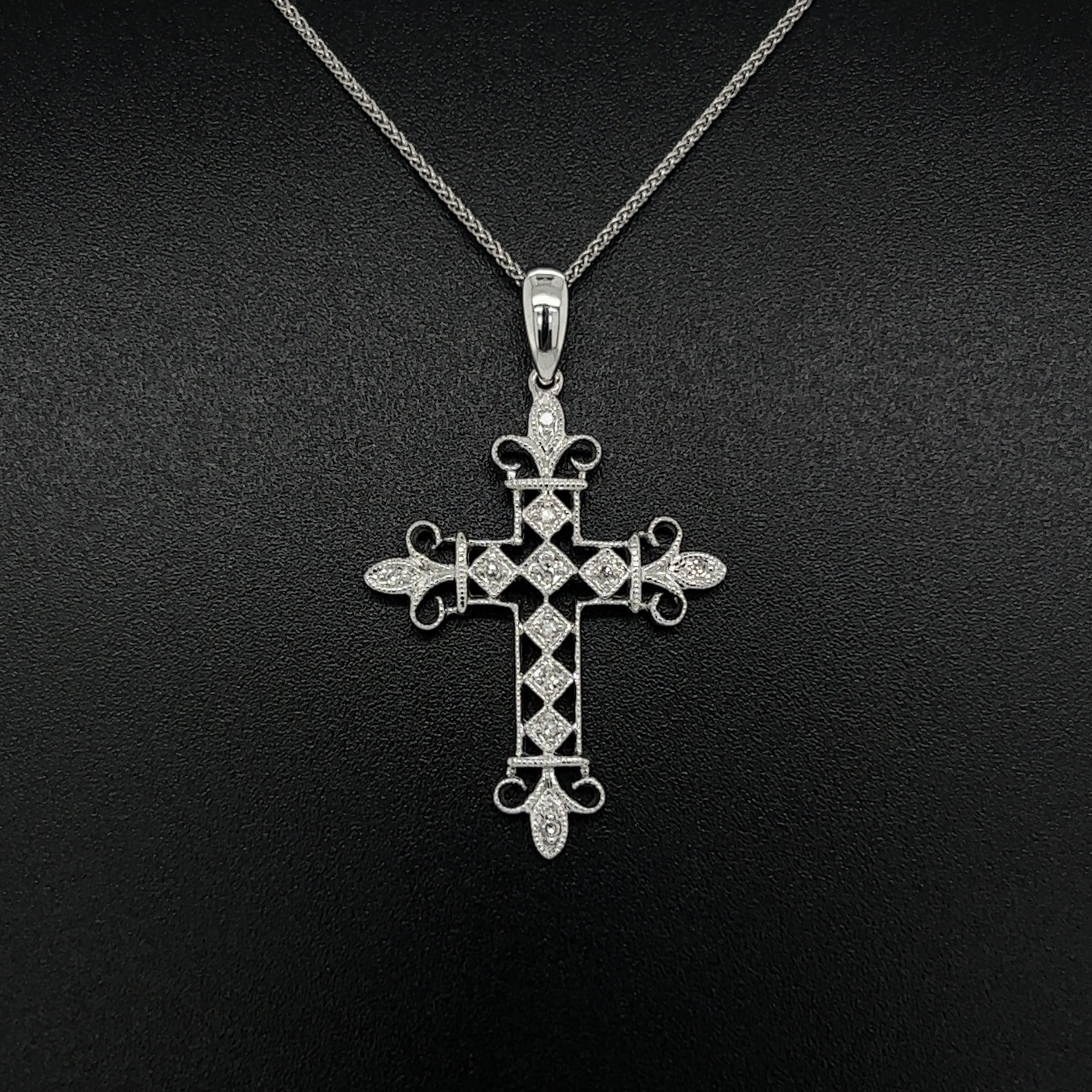 14K WG WILLIAM LAM Filigree Milgrain .06tcw Diamond Cross Necklace 3.2g, 18"