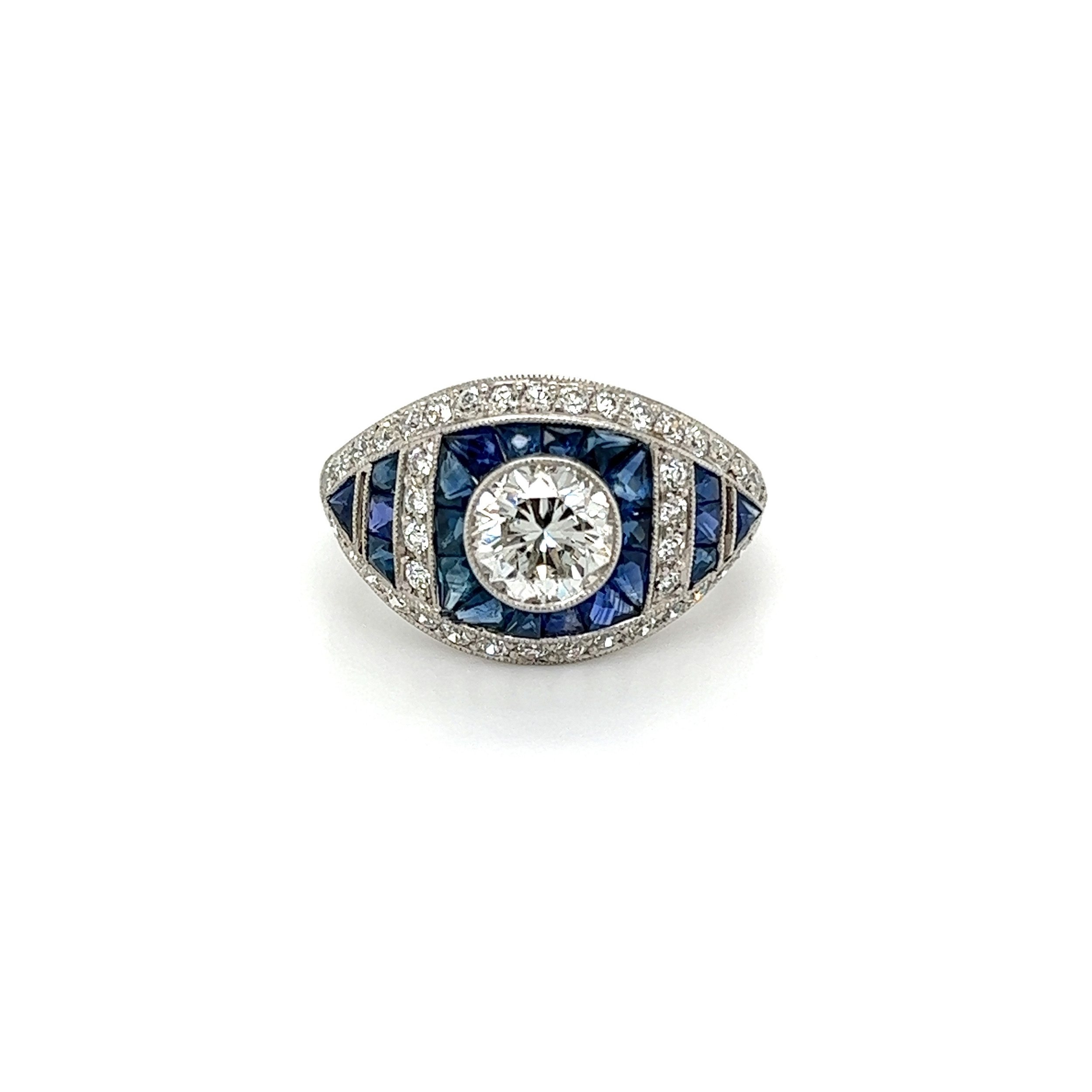 Platinum Art Deco Style 1.10ct Transitional Diamond, .86tcw OEC Diamonds & 3.12tcw Sapphire Ring, s7