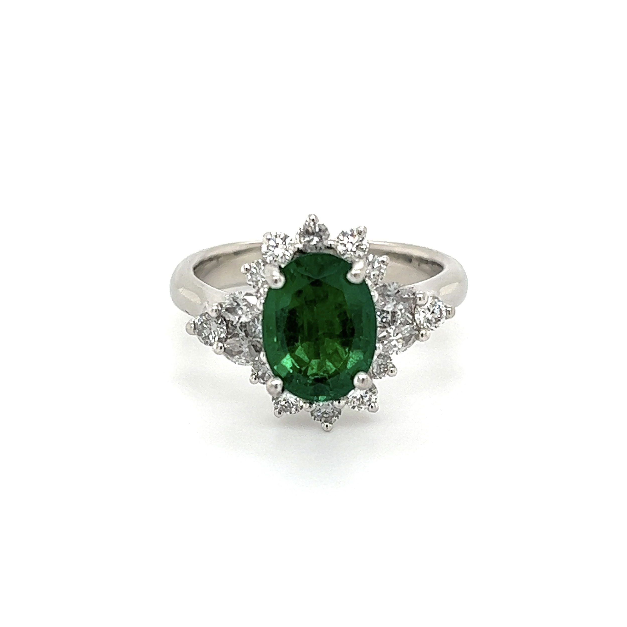 This Platinum 2.54ct Oval Gorgeous Emerald minor GIA & 1.10tcw Diamond Ring is an absolute showstopper! With a stunning 9.4g weight, size 7.5 ring and GIA# 6177998777, this ring will be sure to turn heads. Crafted in platinum, this vintage piece features an alluring 2.54ct oval emerald and a dazzling 1.10tcw of diamonds that make this piece even more special. With its antique styling and elegant design, this ring will be sure to be a perfect addition to your jewelry collection. Platinum 2.54ct Oval Gorgeous Emerald MINOR GIA & 1.10tcw Diamond Ring 9.4g, s7.5