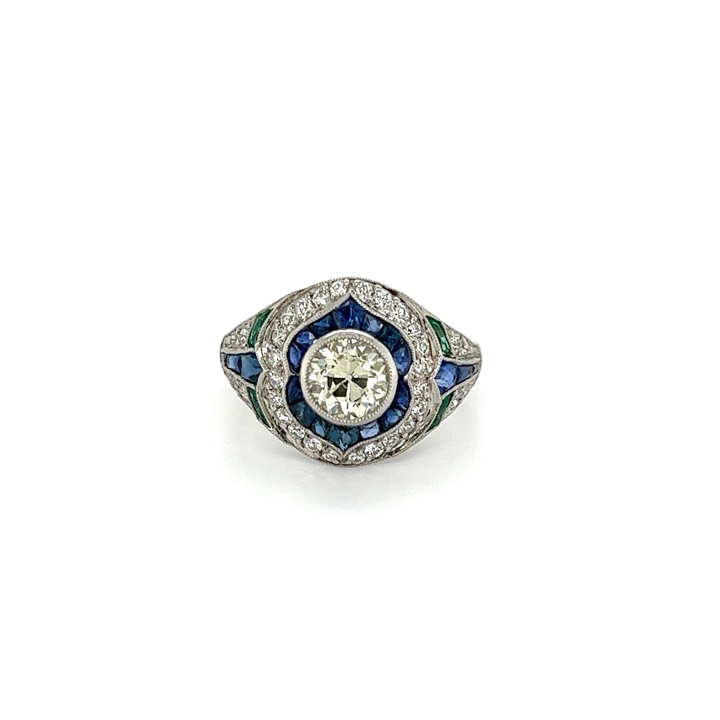 Platinum 1.02ct Old European Diamond, 2tcw Sapphire, .18tcw Emerald & .47tcw Diamond Ring 4.7g, s7