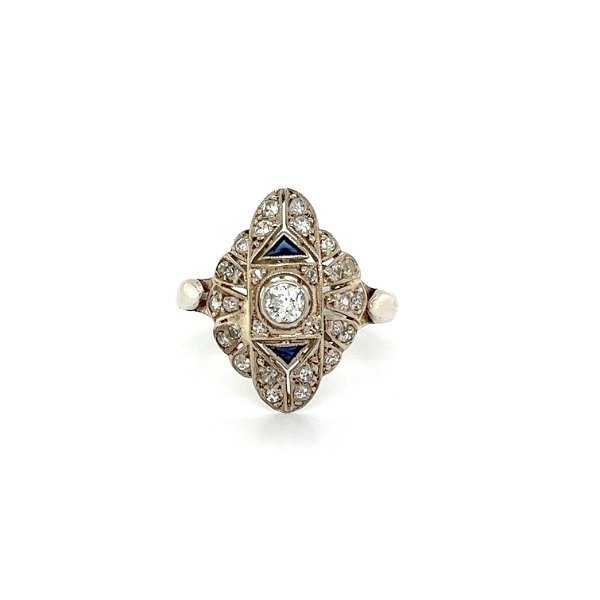 Closeup photo of 925 Sterling Art Deco .70tcw Diamond & Synthetic Sapphire Navette Ring 2.8g, s8