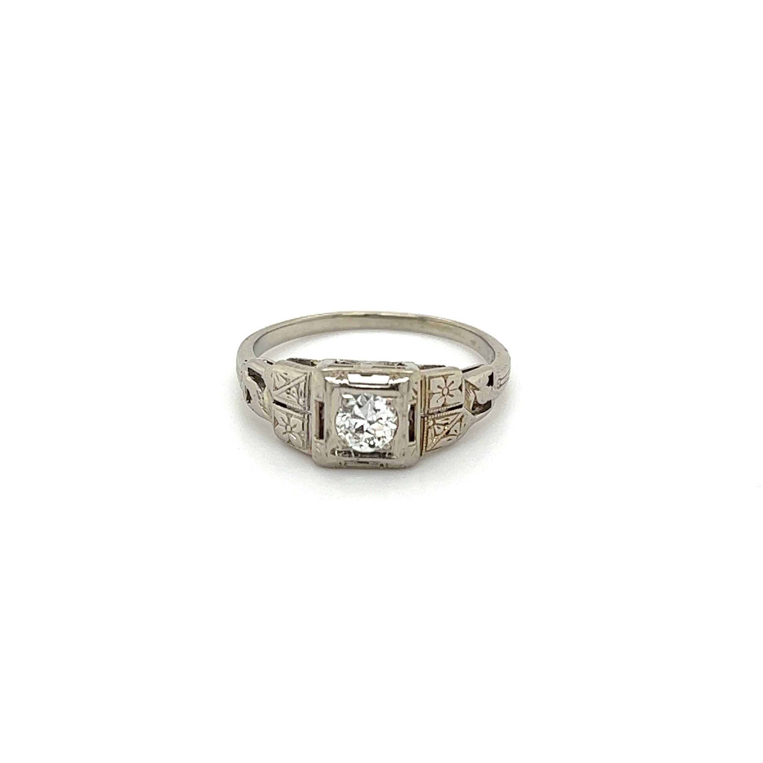 18K WG Art Deco .24ct Old European Cut Diamond Filigree Ring 2.4g, s6