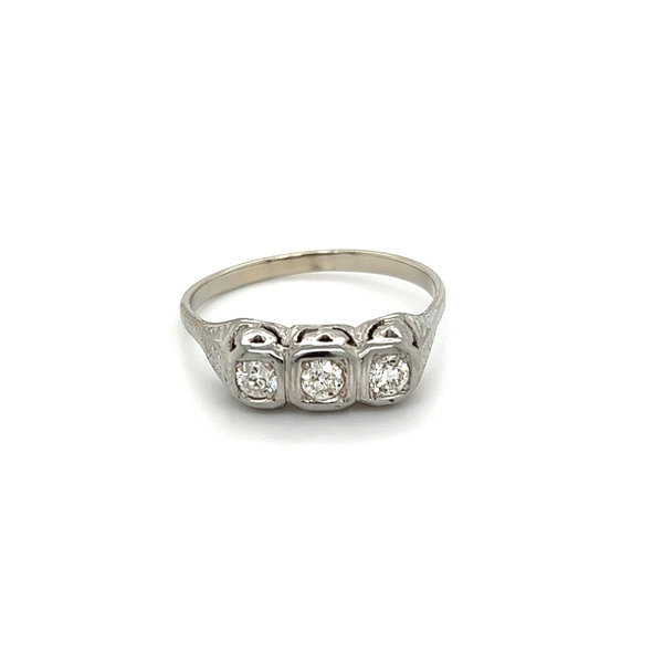 Closeup photo of 18K WG Art Deco 3 Stone .30tcw Old European Cut Diamond Filigree Ring 3.4g, s9.75