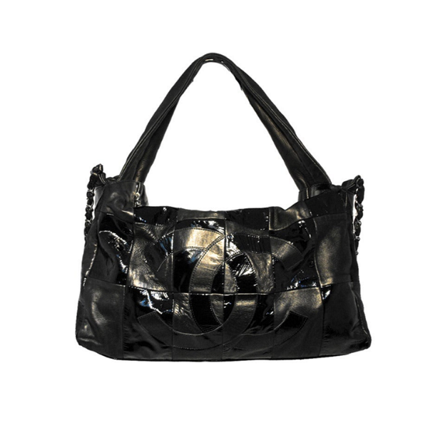 Closeup photo of Chanel Black Checkered Leather Shoulder Bag Shopper Tote Handbag