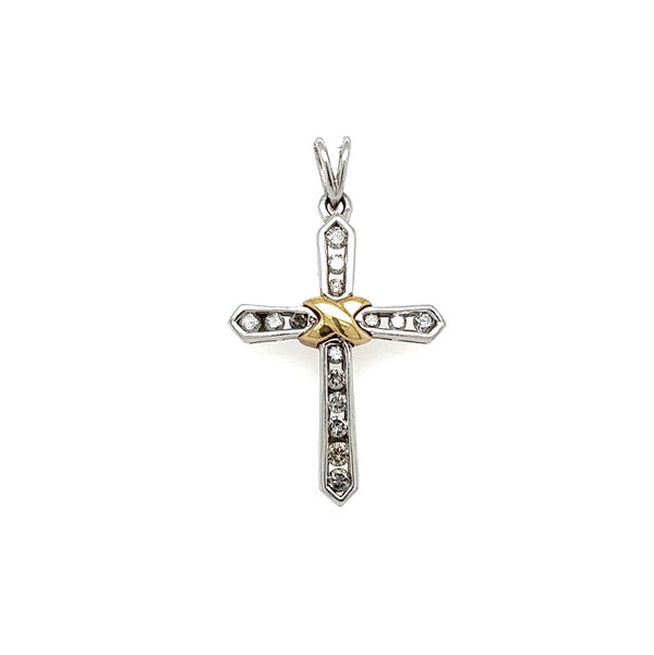 Closeup photo of 10K 2tone .45tcw Diamond Signature Cross Pendant 2.6g, 1.3"